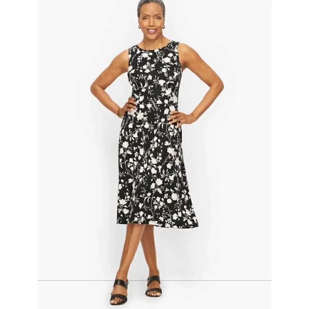 Talbots Women’s Size Large Floral Fit & Flare Dress Black White Sleeveless